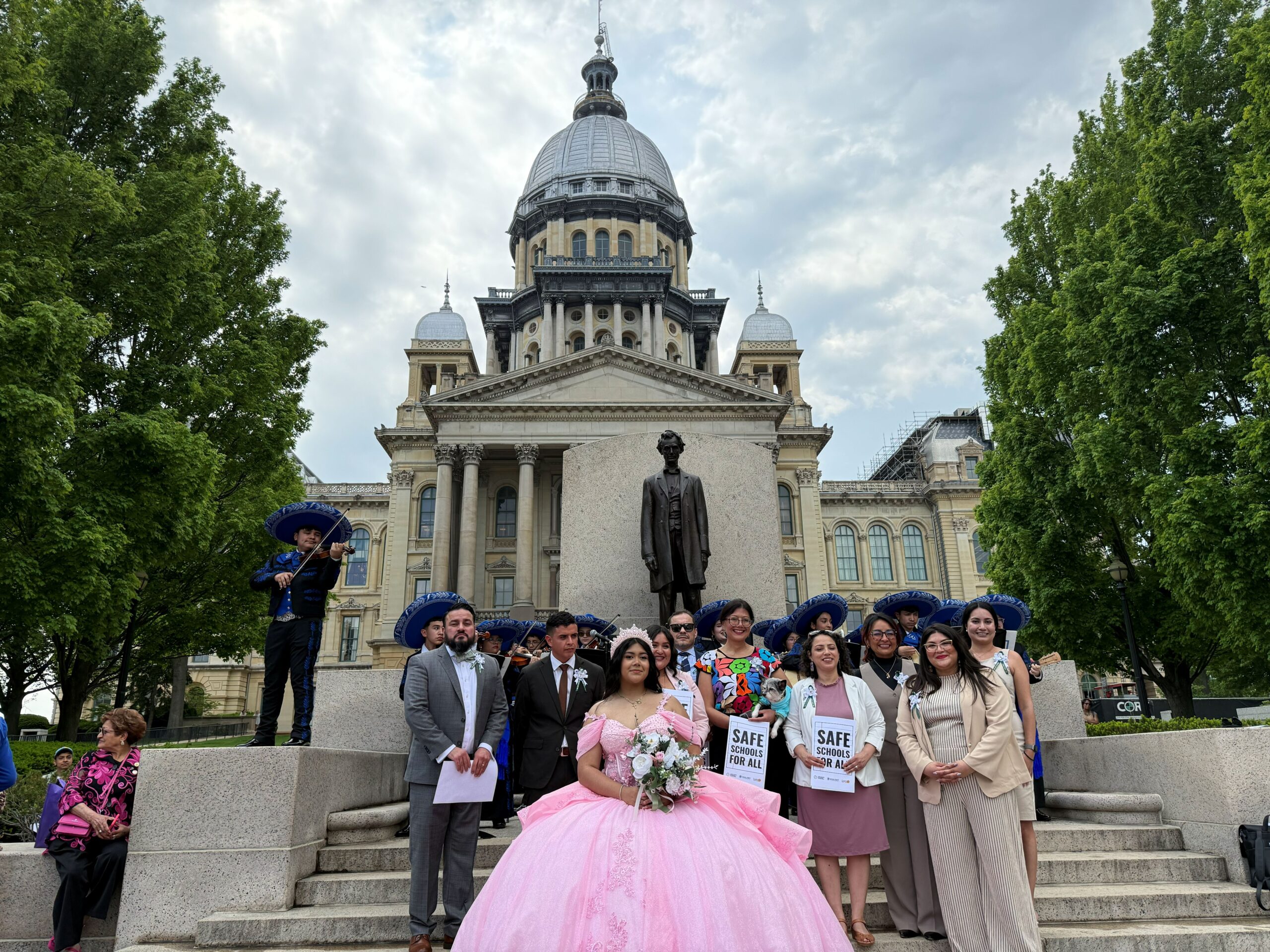 Community members, advocates, and elected officials at the Illinois State Capitol celebrating the Latino Unity Day Quinceañera on May 8, 2025.