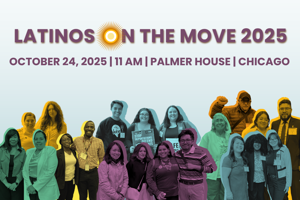 Group photo collage of community members under the heading “Latinos on the Move 2025 – October 24, 2025 | 11 AM | Palmer House | Chicago.”