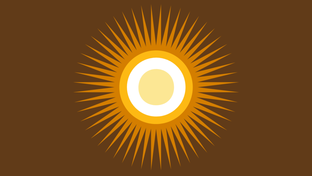 Orange and white sun with rays against brown background.