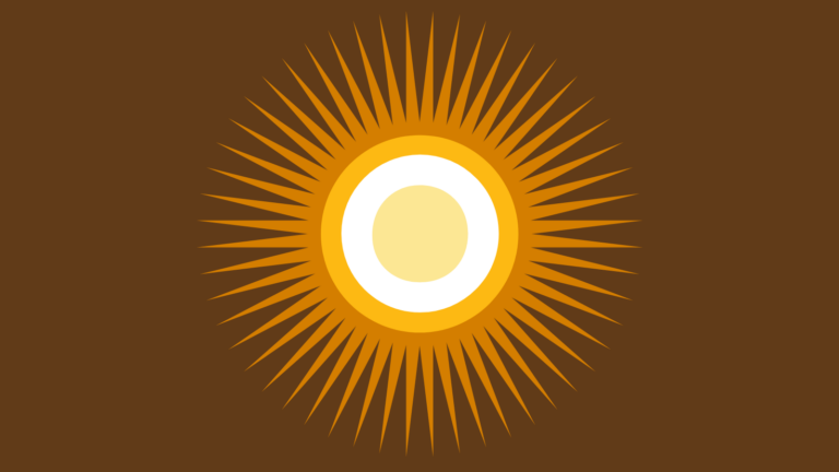 Orange and white sun with rays against brown background.