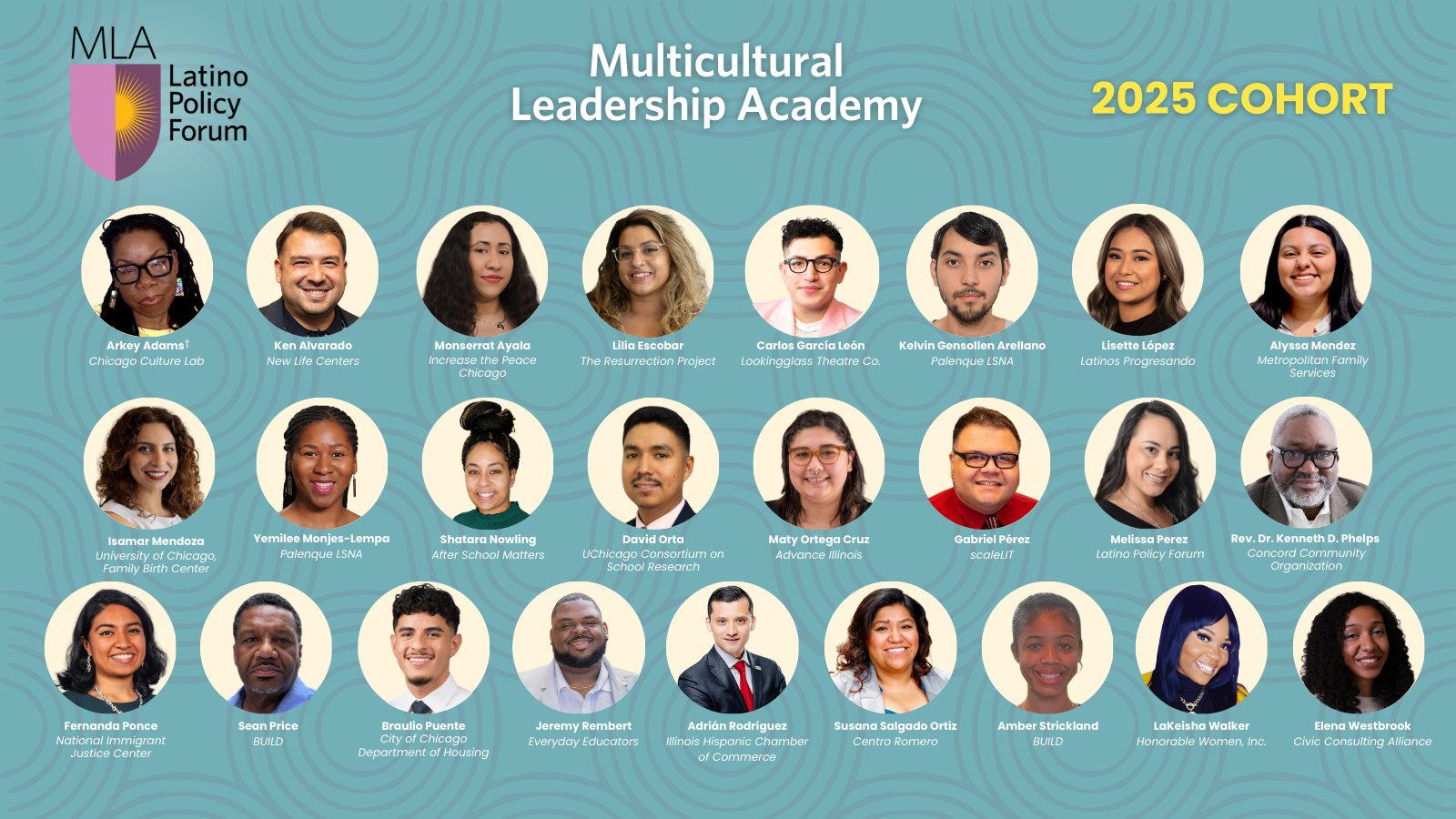 Promotional image introducing the 2025 cohort of the Multicultural Leadership Academy, organized by the Latino Policy Forum. The graphic features headshots and names of 25 leaders from across Illinois, along with their affiliated organizations, arranged in rows over a teal background with circular patterns. The MLA logo and “2025 Cohort” label appear at the top.