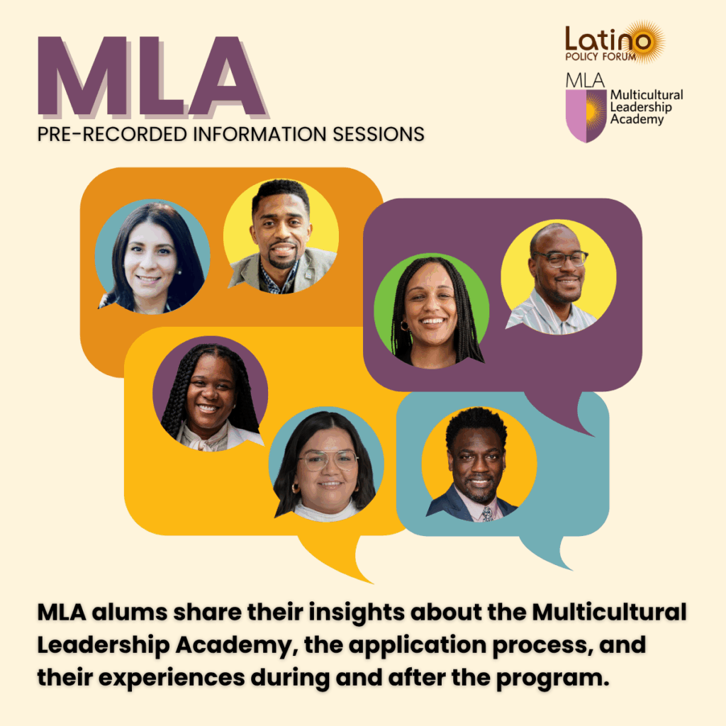 Graphic promoting MLA pre-recorded information sessions, featuring photos of alumni in colorful speech bubbles.